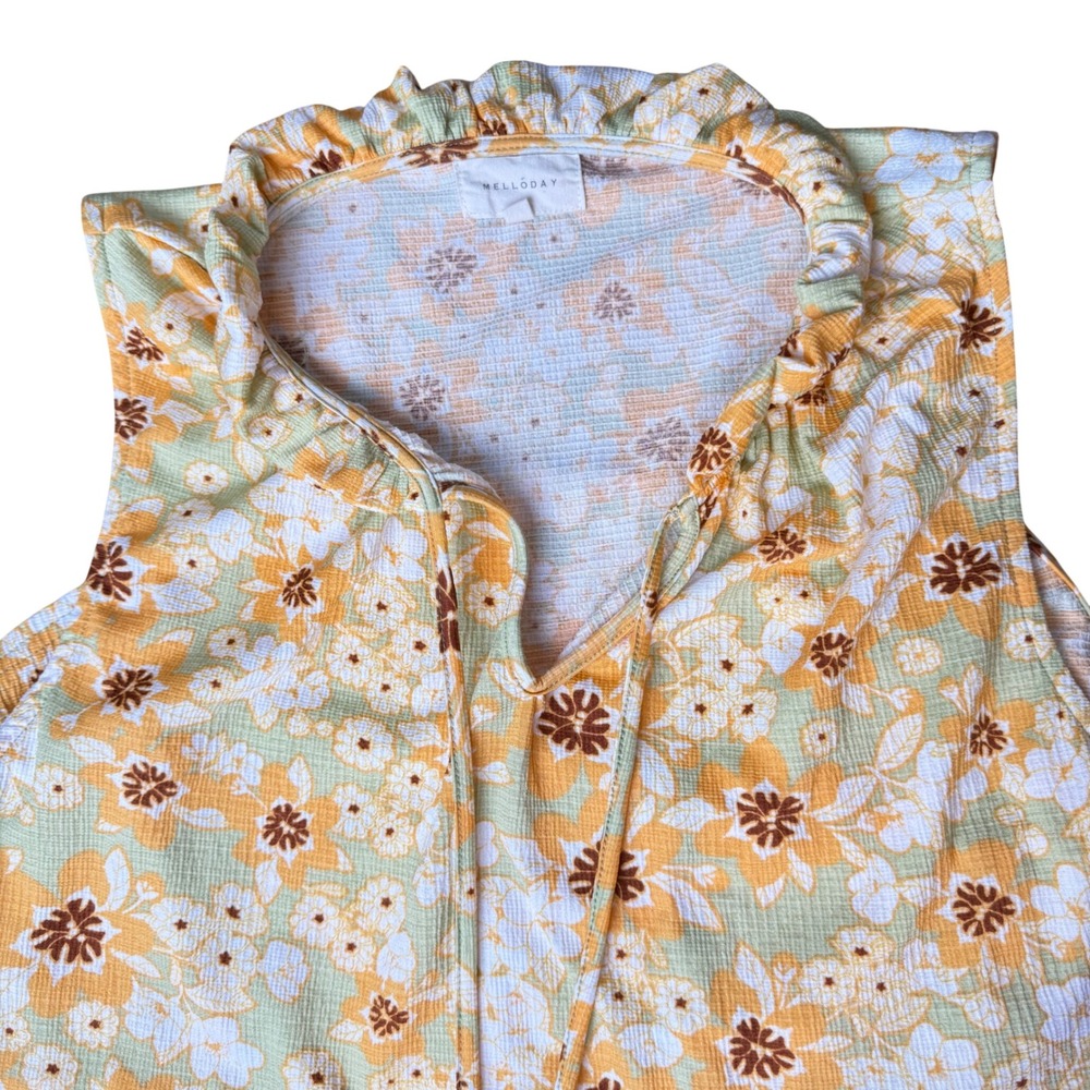 Melloday Floral Sleeveless Top Women XL Orange Yellow Excellent Ruffle‎ Tie Neck